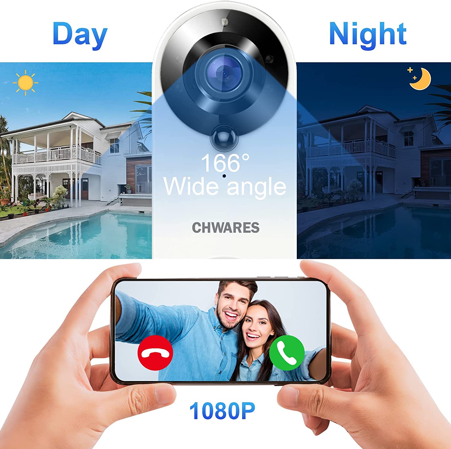 Cámara de video inalámbrica WiFi con timbre, campana de puerta inteligente HD de 1080P con audio de 2 vías, detección de movimiento PIR, impermeable IP65, tarjeta SD de 32 GB, compatible con Alexa