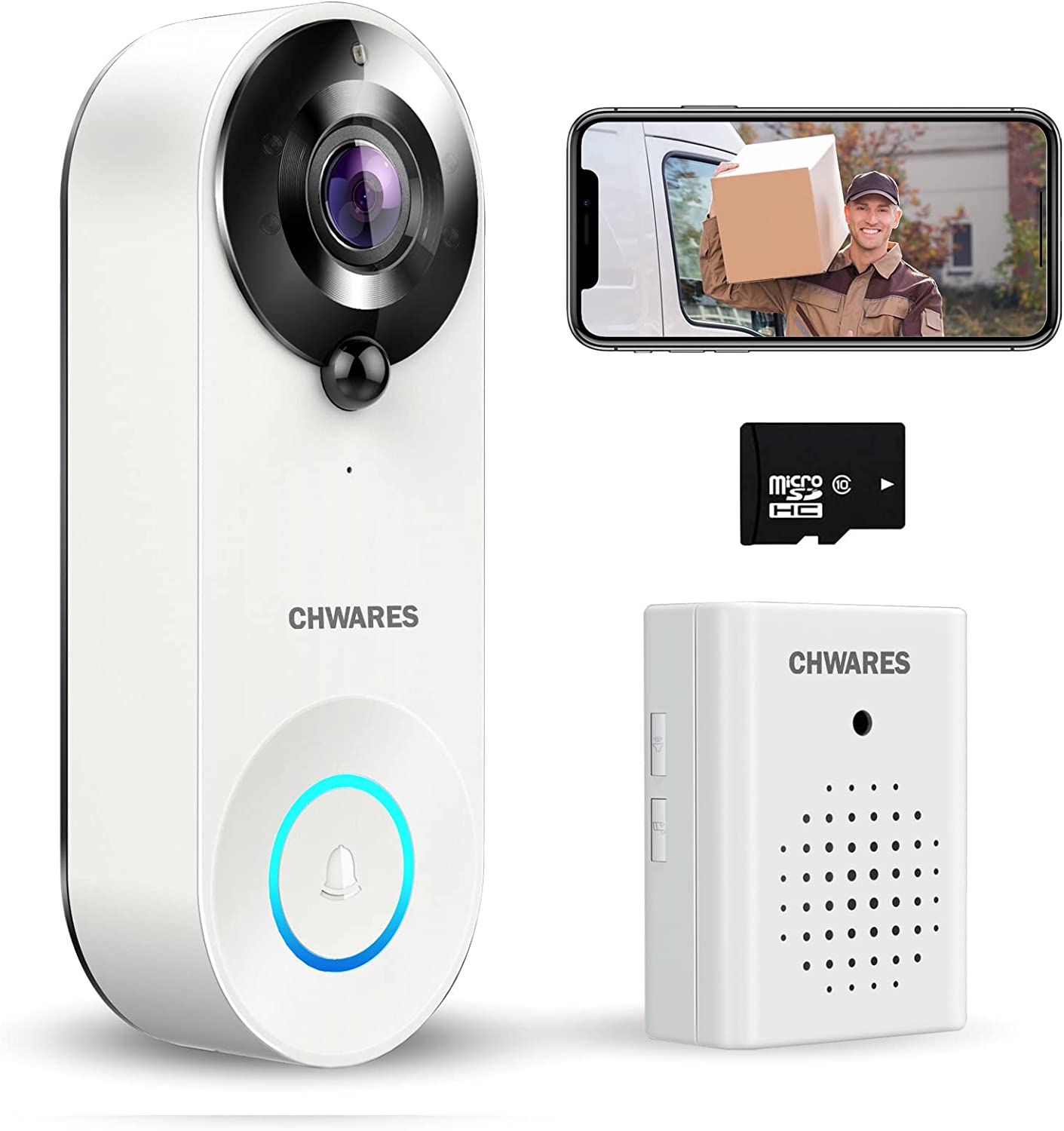 Cámara de video inalámbrica WiFi con timbre, campana de puerta inteligente HD de 1080P con audio de 2 vías, detección de movimiento PIR, impermeable IP65, tarjeta SD de 32 GB, compatible con Alexa Cámara de video inalámbrica WiFi con timbre, campana de puerta inteligente HD de 1080P con audio de 2 vías, detección de movimiento PIR, impermeable IP65, tarjeta SD de 32 GB, compatible con Alexa