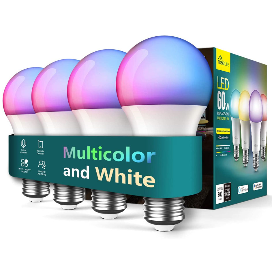 Pack de 4 bombillas inteligentes, bombilla que cambia de color con sincronización musical de 2.4 GHz, funciona con Alexa y Google Home, bombilla LED regulable A19 E26 9W 800 lúmenes